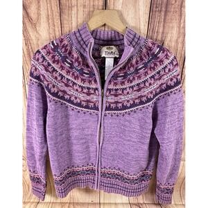 Tiara International VTG Cardigan Sweater Small Purple Fair Isle Zip Lavendar‎